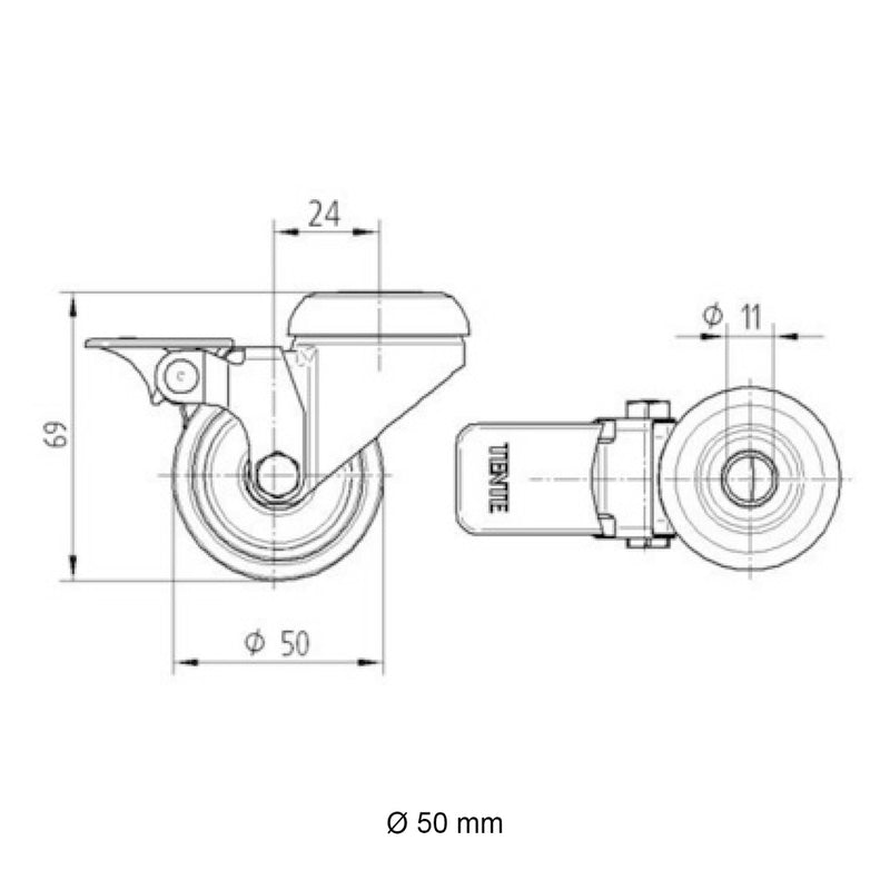 Zwenkwiel zwart met rem 50 mm - incl. expander